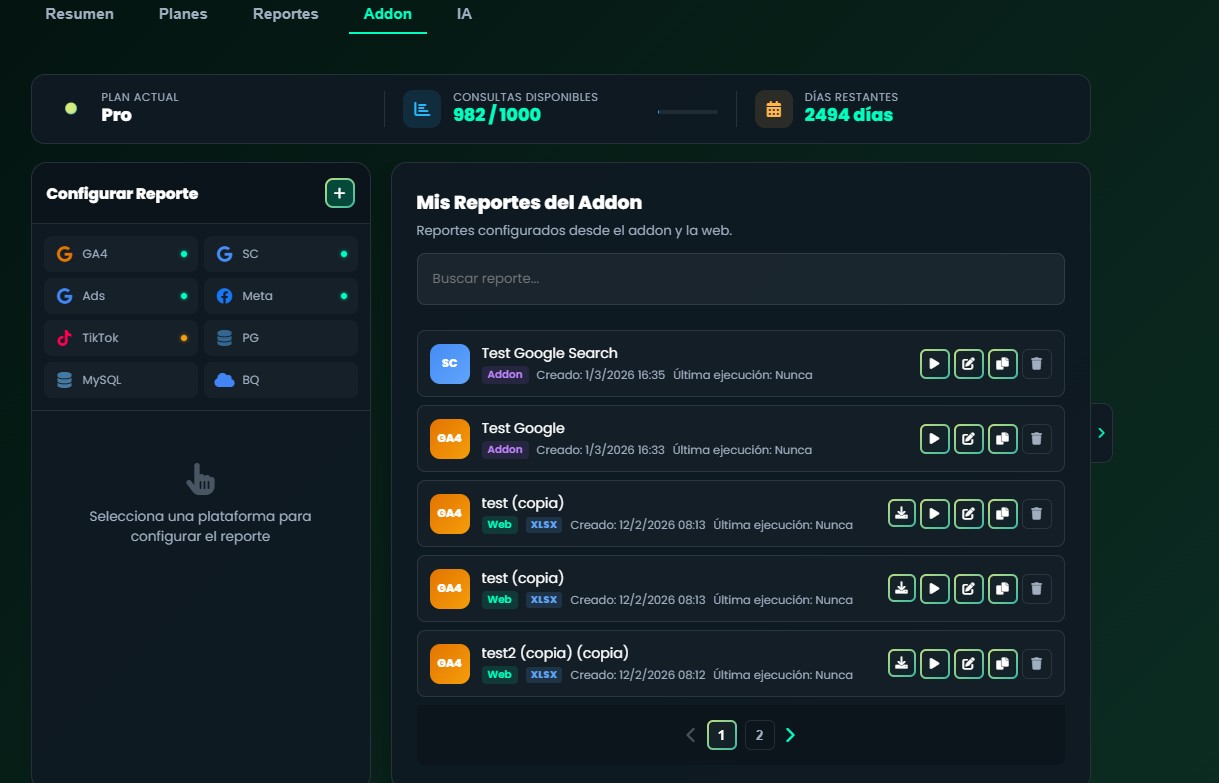 DDATA Addon para Google Sheets - Reporte automatizado
